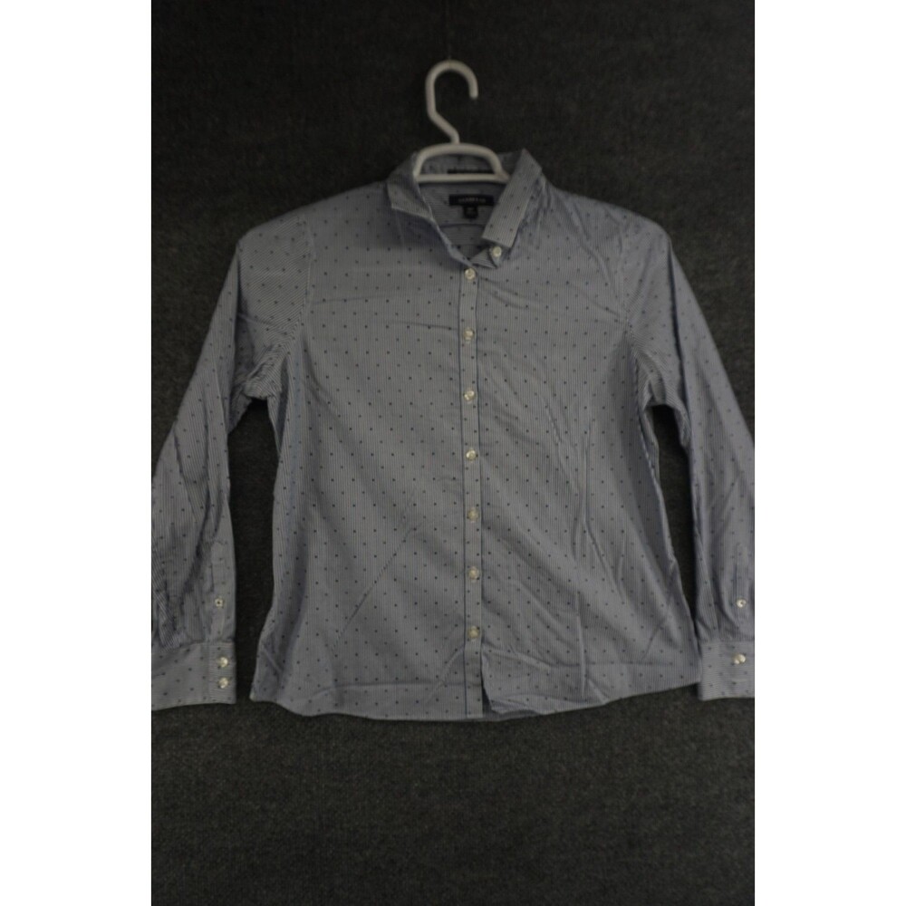 Lands End Button Shirt Womens 10P Non Iron Supima Cotton Blue White Striped